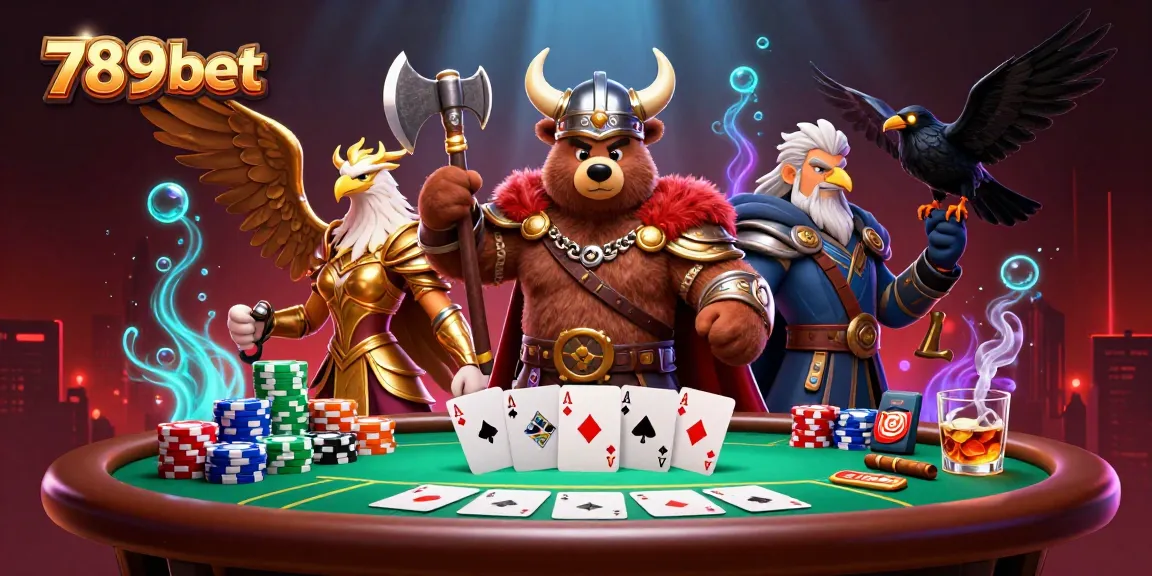 Experience the thrill of 789bet with a Viking bear and Valkyrie eagle at a poker table.