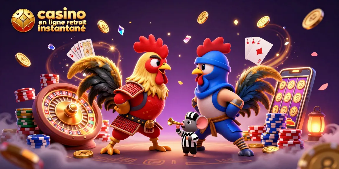Profitez d'une scène de casino en ligne retrait instantané avec des coqs combattants et des éléments de jeu.