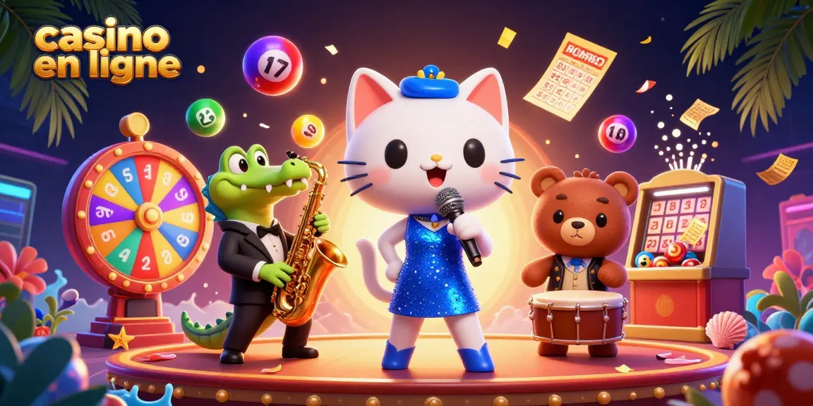 Gagnez avec casino en ligne : Un chat chanteur, crocodile et ourson en 3D, entourés de ballons colorés.